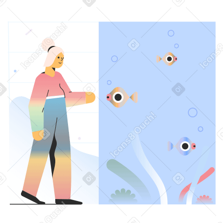 Girl looking at fish in aquarium Illustration in PNG, SVG