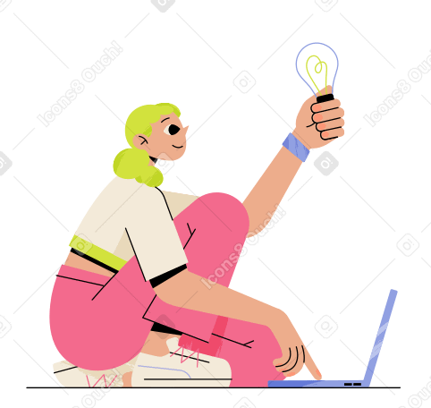 Woman with laptop and new business idea Illustration in PNG, SVG