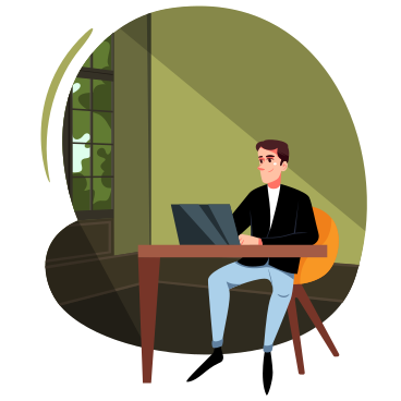 Анимированная иллюстрация Мужчина работает на своем ноутбуке за своим столом дома в GIF, Lottie (JSON), AE