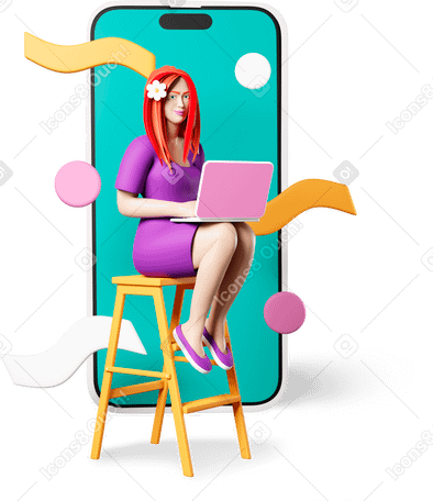 3D woman sitting with laptop and big phone PNG, SVG
