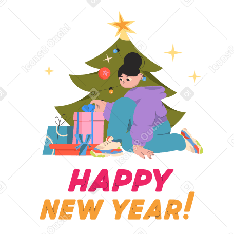 Testo di felice anno nuovo e una ragazza apre i regali accanto all'albero di natale PNG, SVG
