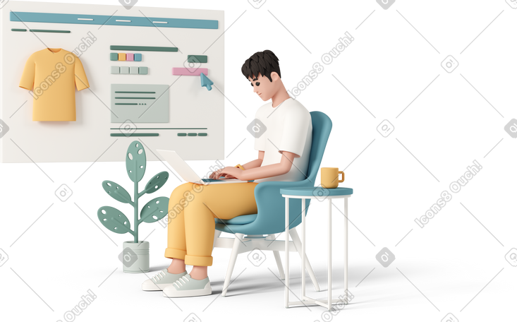 3D man with laptop on background of web page of online store PNG, SVG