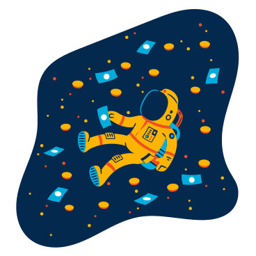 Человек в скафандре плавает в космосе и ловит деньги в PNG, SVG