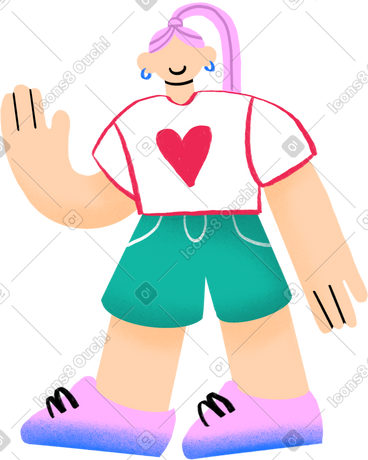 Woman walking and waving in a tshirt with a heart PNG, SVG