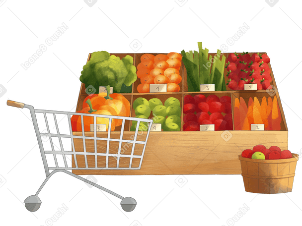 Shopping cart at vegetable and fruit department Illustration in PNG, SVG