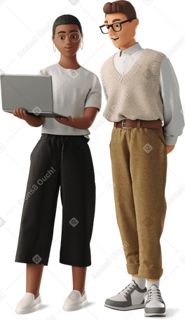 3D man and woman working with laptop PNG, SVG