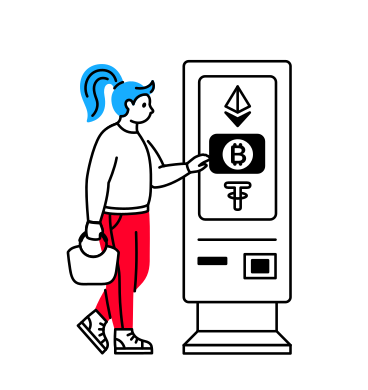 Femme achetant de la crypto-monnaie au cryptomat PNG, SVG
