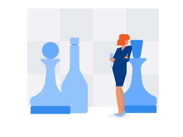 Woman standing near chess pieces PNG, SVG