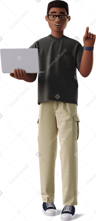 3D young man with laptop pointing up PNG、SVG