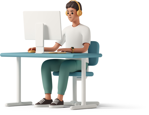 3D young man in orange headphones sitting at the computer PNG, SVG