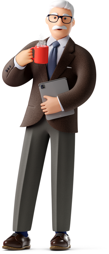 Старый бизнесмен в классическом костюме и очках с кружкой кофе держит планшет в PNG, SVG