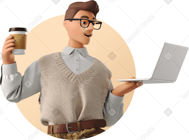 3D young man holding coffee and laptop PNG, SVG