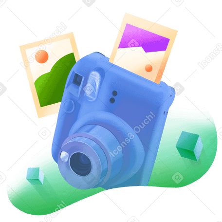 Instax mini blue camera with photos in a rounded green shape PNG, SVG