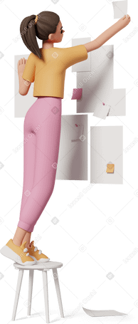 3D young woman sticking notes on wall PNG, SVG