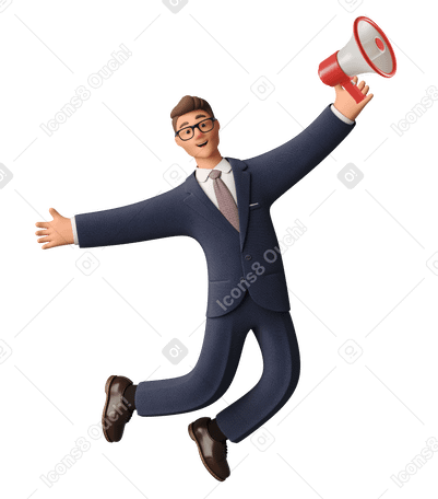 3D Businessman jumping with advertising megaphone PNG, SVG