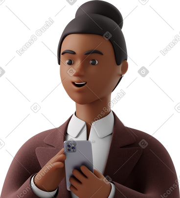 Close up of black businesswoman in brown suit with phone looking aside PNG, SVG