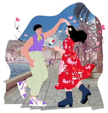 海辺の遊歩道で踊るカップル PNG、SVG