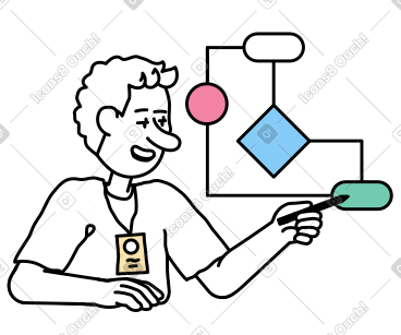 Young man explaining flowchart or algorithm PNG, SVG