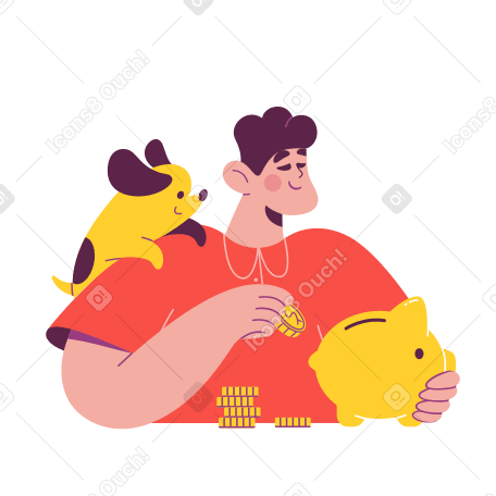 Man with a dog holding a coin and putting it in a piggy bank в PNG, SVG