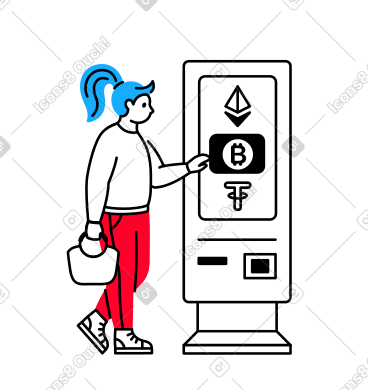 Woman buying cryptocurrency at cryptomat PNG, SVG