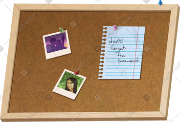 Cork board with photos and a note PNG, SVG