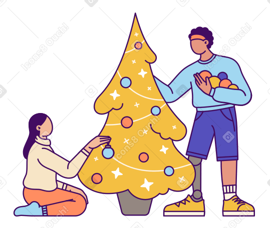 Man and woman decorating Christmas tree PNG, SVG