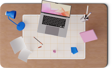 Top view of levitating office desk with laptop and documents PNG, SVG