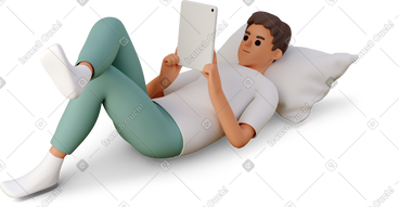 Young man relaxing on pillow with tablet PNG, SVG