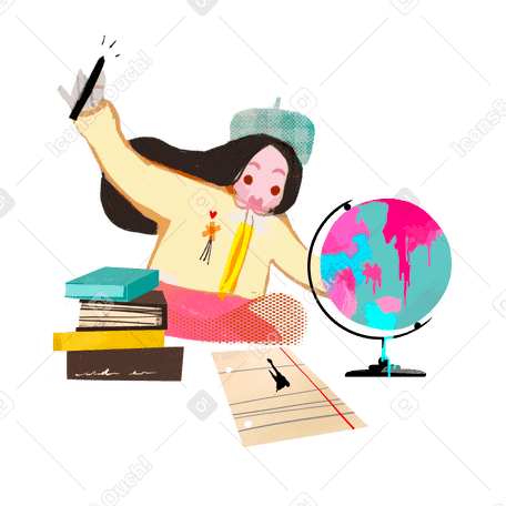 Menina com globo e livros aprendendo PNG, SVG