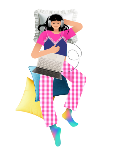 Young woman napping with headphones on PNG, SVG