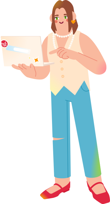 Woman holding laptop and pointing at it PNG, SVG