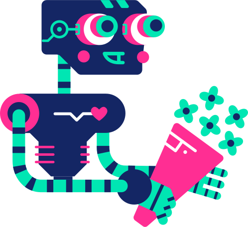 robot with flowers shy Illustration in PNG, SVG