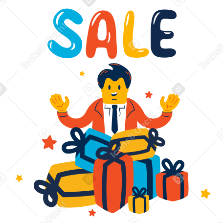 Sale lettering and man with gifts PNG, SVG