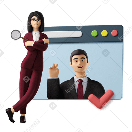 3D woman recruiter leaning on browser window with man showing v sign inside Illustration in PNG, SVG