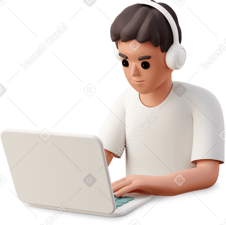 3D young man sitting in front of laptop в PNG, SVG