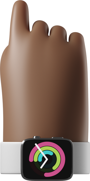 Vista traseira de uma mão de pele marrom escura com smartwatch ligado apontando para cima PNG, SVG