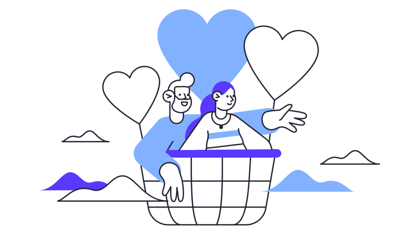 Man and woman flying on baloon with hearts Illustration in PNG, SVG