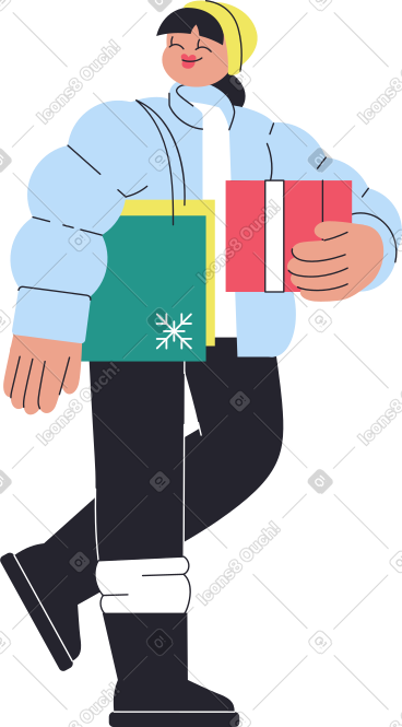 穿着冬装的女人带着礼物走路 PNG, SVG