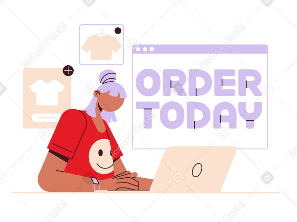 Schriftzug „order today“ mit einem mädchen, das online bestellt PNG, SVG