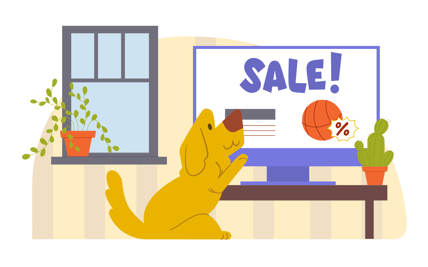 Sale text and dog is shopping online at home Illustration in PNG, SVG