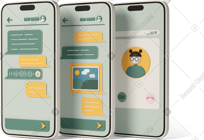 3D three smartphones with chat windows PNG, SVG