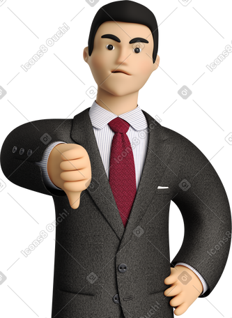 3D angry businessman in black suit showing thumbs down PNG, SVG