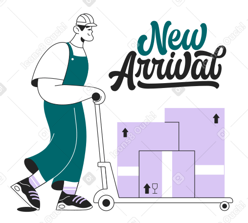 Schriftzug „new arrival“ mit lader zieht einen wagen mit kistentext PNG, SVG