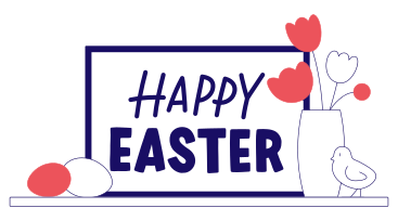 Счастливая пасхальная надпись с яйцами, цыпленком и цветами в PNG, SVG
