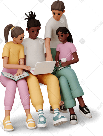 3D young people looking at laptop PNG, SVG