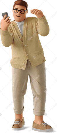 3D smiling guy dancing with phone PNG, SVG
