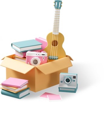 Caja de mudanza con cámaras, guitarra y libros PNG, SVG