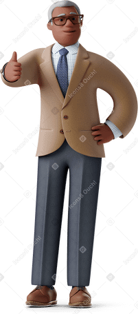 3D old businessman giving thumbs up and holding hand on hip PNG, SVG