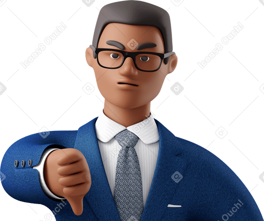 3D close up of angry black businessman in blue suit showing thumbs down Illustration in PNG, SVG