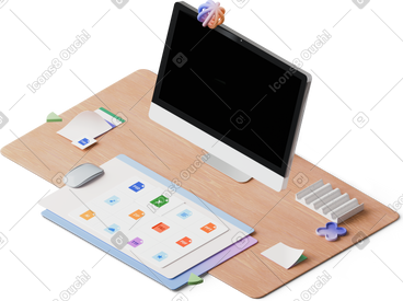 Isometric view of monitor and open windows PNG, SVG